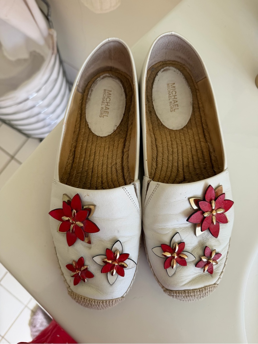 Michael Kors White Slip-On Espadrilles with Red Floral Accents